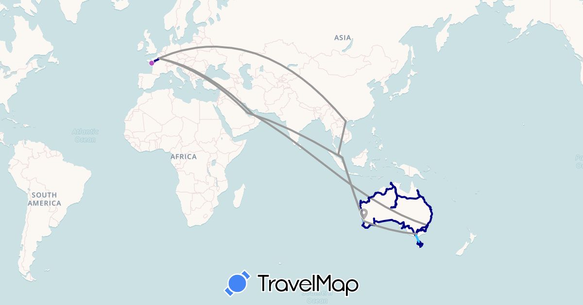 TravelMap itinerary: driving, plane, train, boat in United Arab Emirates, Australia, France, Malaysia, Qatar, Singapore, Vietnam (Asia, Europe, Oceania)