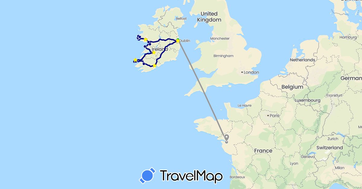TravelMap itinerary: driving, bus, plane, hiking in Ireland (Europe)