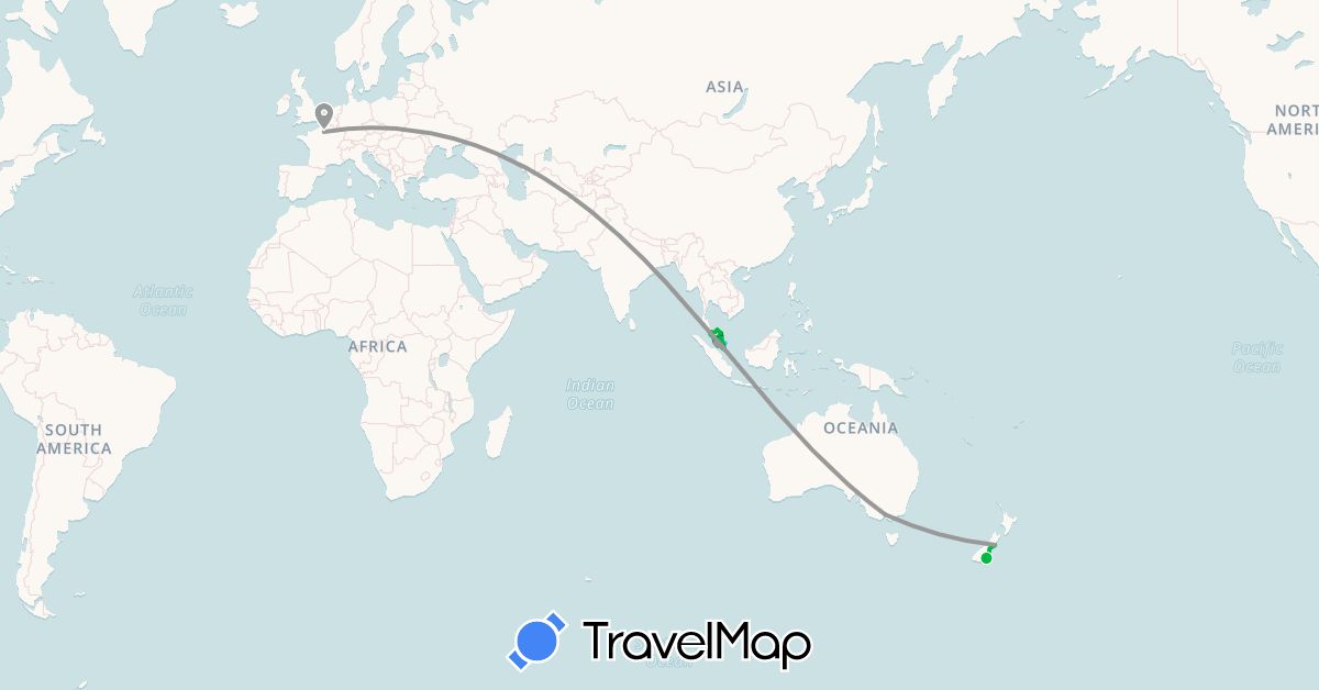 TravelMap itinerary: driving, bus, plane, train, boat in Australia, France, Malaysia, New Zealand, Singapore (Asia, Europe, Oceania)